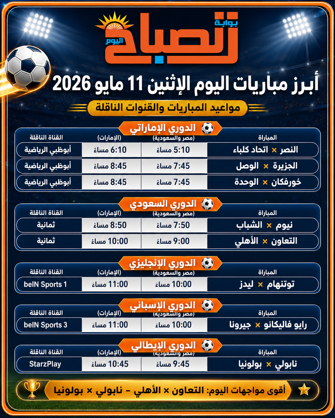 مباريات اليوم الإثنين 11 مايو 2026.. قمة التعاون والأهلي ونابولي ضد بولونيا